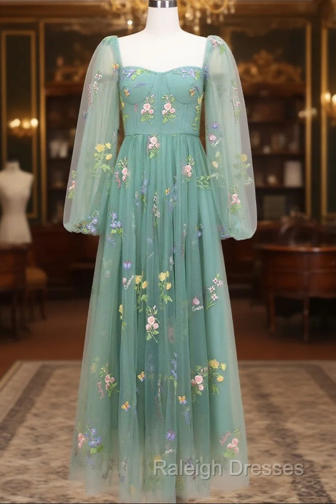 Green A-Line Sweetheart Green Tulle Lace Long Prom Dress, Green Formal Dress Main image