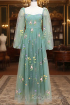 Green A-Line Sweetheart Green Tulle Lace Long Prom Dresses Green Prom Dresses