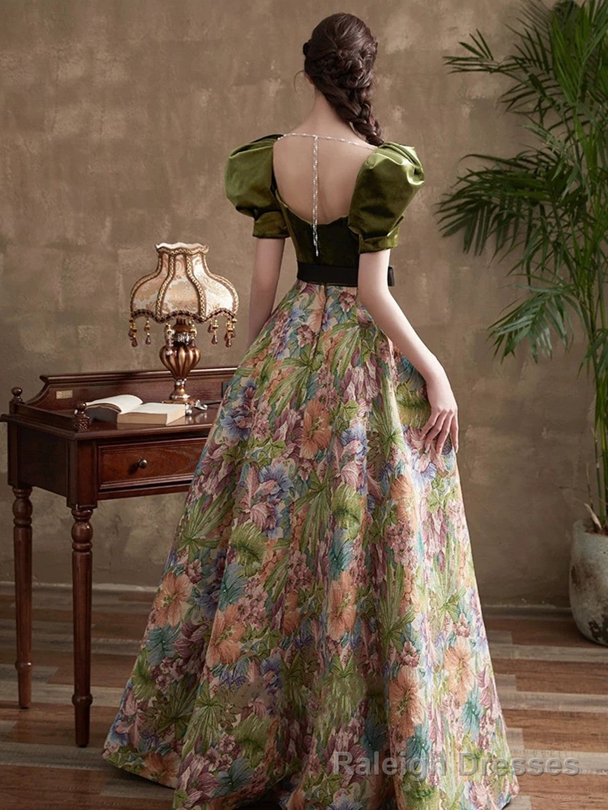Green A-line Sweetheart Long Prom Dress Evening Dress, Green Floral Party Dress