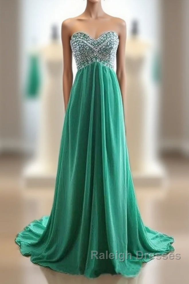 Green A-Line Sweetheart Neck Chiffon Long Prom Dress, Evening Dress
