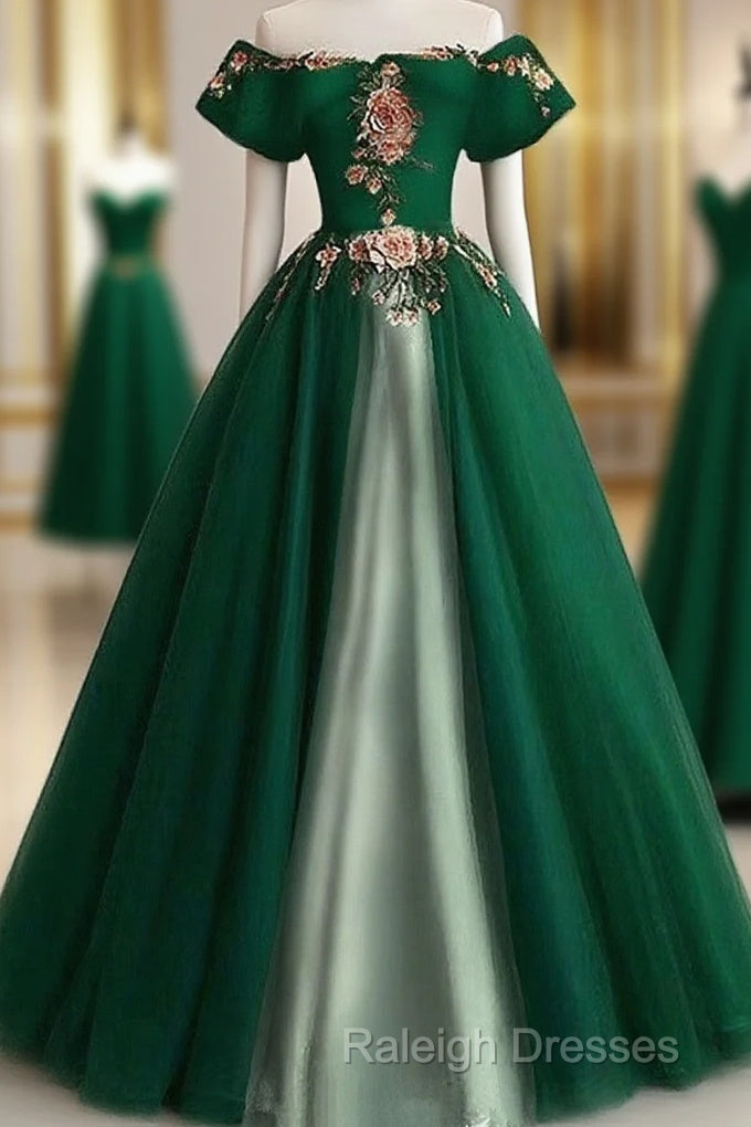 Green A-Line Tulle And Satin Long Formal Dress, Green Party Dress Prom Dress
