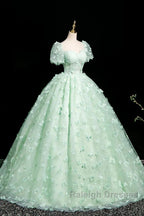 Green A-Line Tulle Beaded Sequin Long Prom Dresses Beautiful 3D Butterfly Prom Dresses