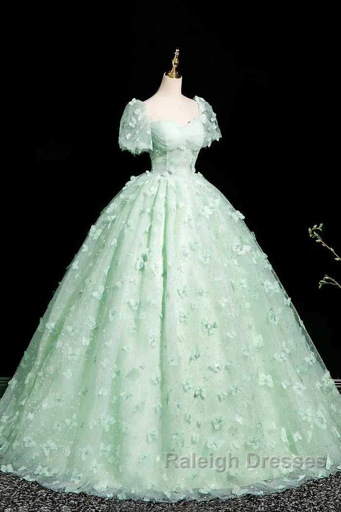 Green A-Line Tulle Beaded Sequin Long Prom Dresses Beautiful 3D Butterfly Prom Dresses