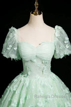 Green A-Line Tulle Beaded Sequin Long Prom Dresses Beautiful 3D Butterfly Prom Dresses