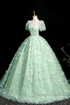 Green A-Line Tulle Beaded Sequin Long Prom Dresses Beautiful 3D Butterfly Prom Dresses