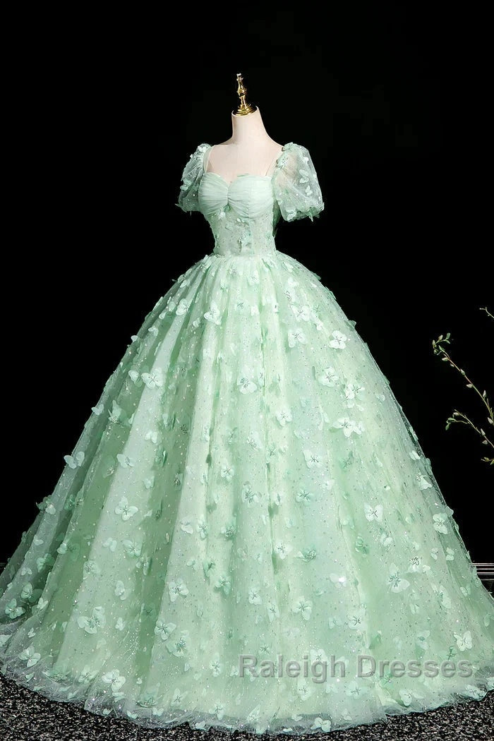 Green A-Line Tulle Beaded Sequin Long Prom Dresses Beautiful 3D Butterfly Prom Dresses