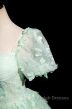 Green A-Line Tulle Beaded Sequin Long Prom Dresses Beautiful 3D Butterfly Prom Dresses