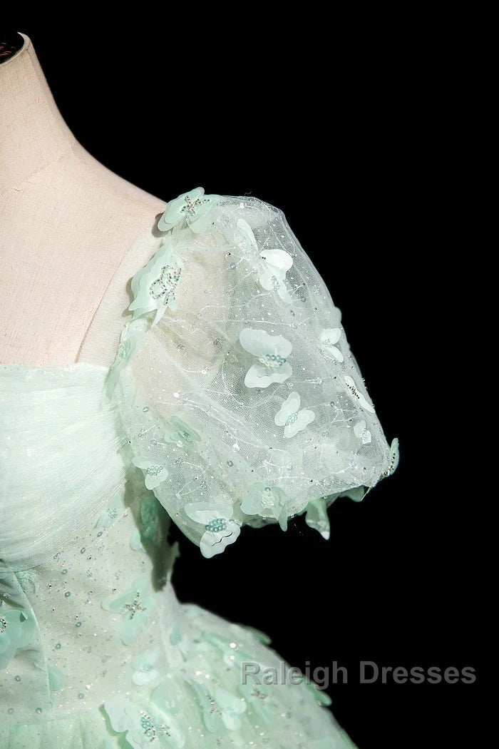 Green A-Line Tulle Beaded Sequin Long Prom Dresses Beautiful 3D Butterfly Prom Dresses