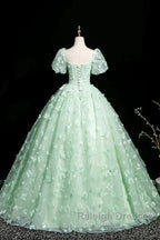 Green A-Line Tulle Beaded Sequin Long Prom Dresses Beautiful 3D Butterfly Prom Dresses