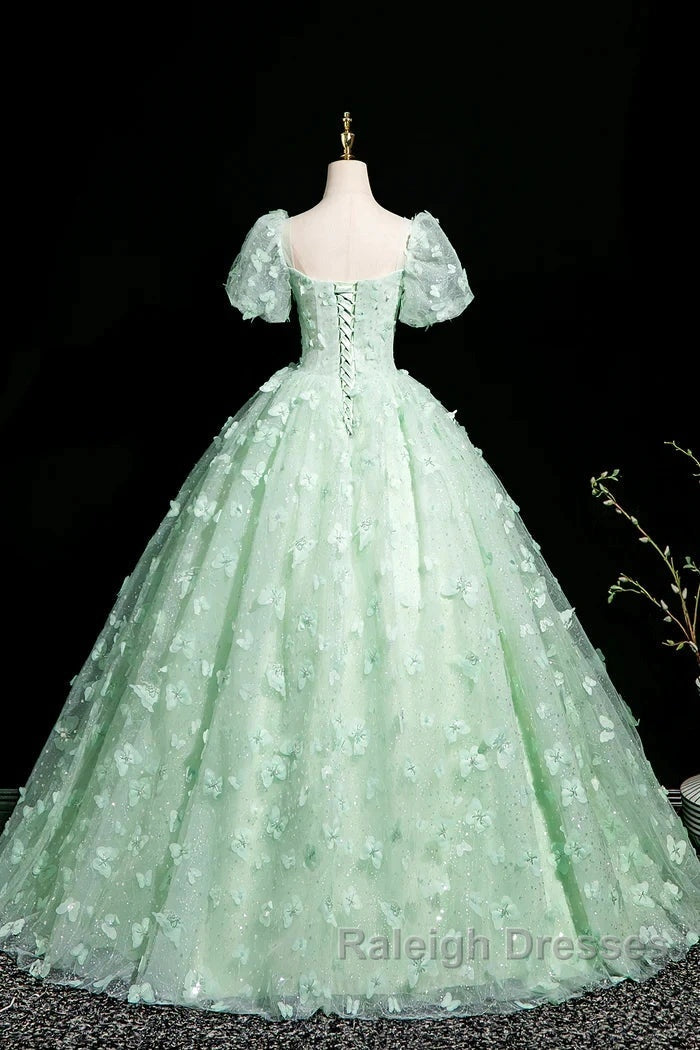Green A-Line Tulle Beaded Sequin Long Prom Dresses Beautiful 3D Butterfly Prom Dresses