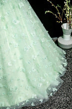 Green A-Line Tulle Beaded Sequin Long Prom Dresses Beautiful 3D Butterfly Prom Dresses