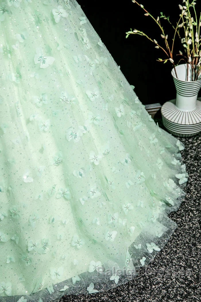 Green A-Line Tulle Beaded Sequin Long Prom Dresses Beautiful 3D Butterfly Prom Dresses