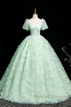 Green A-Line Tulle Beaded Sequin Long Prom Dresses Beautiful 3D Butterfly Prom Dresses
