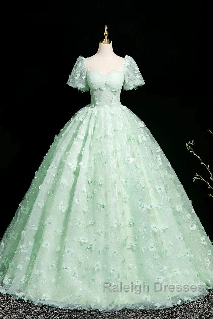 Green A-Line Tulle Beaded Sequin Long Prom Dresses Beautiful 3D Butterfly Prom Dresses