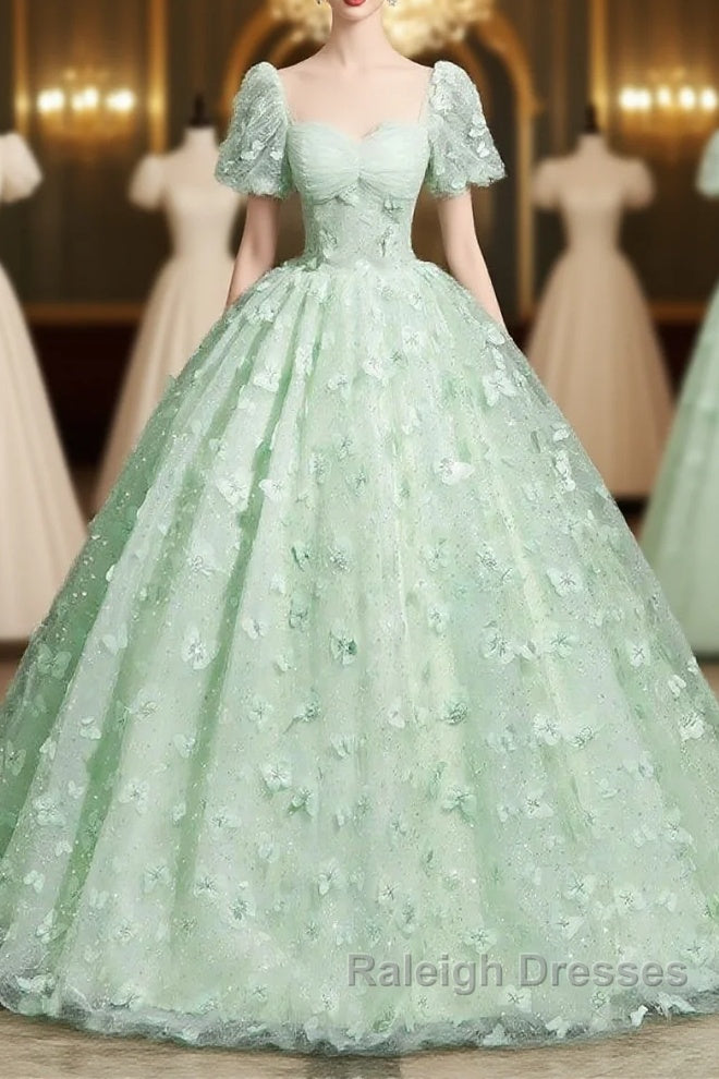 Green A-Line Tulle Beaded Sequin Long Prom Dress, Beautiful 3D Butterfly Evening Dress Main image