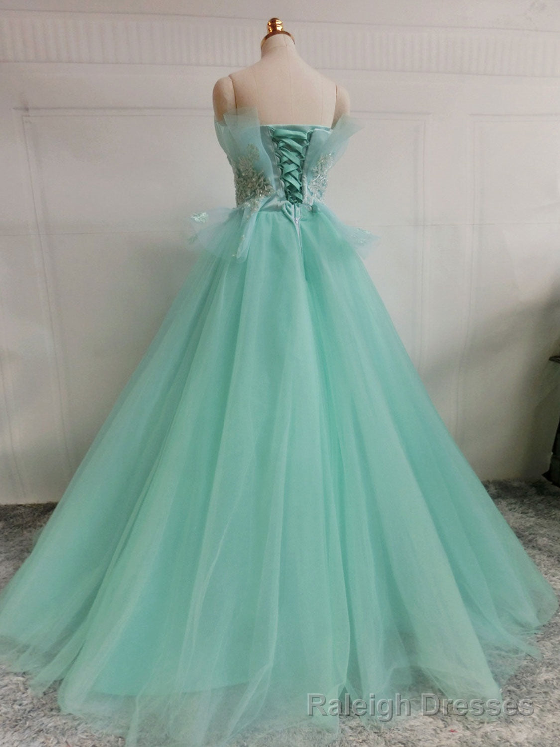 Green A Line Tulle Lace Long Prom Dress, Green Sweet 16 Dress
