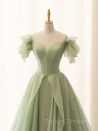 Green A Line Tulle Long Prom Dress V Neck Long Formal Dress