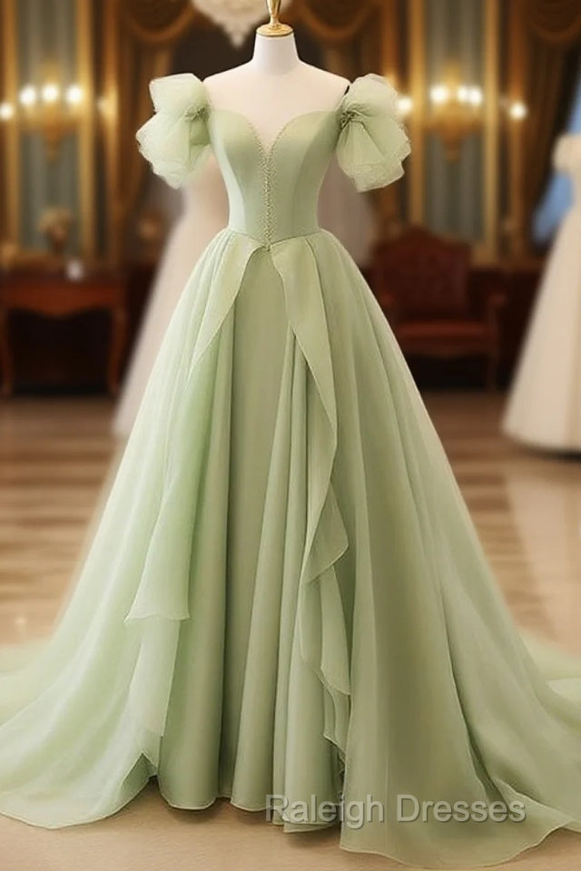 Green A Line Tulle Long Prom Dress V Neck Long Formal Dress Main image