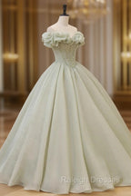 Green A-Line Tulle Long Prom Dress with Beaded, Off the Shoulder Evening Dress