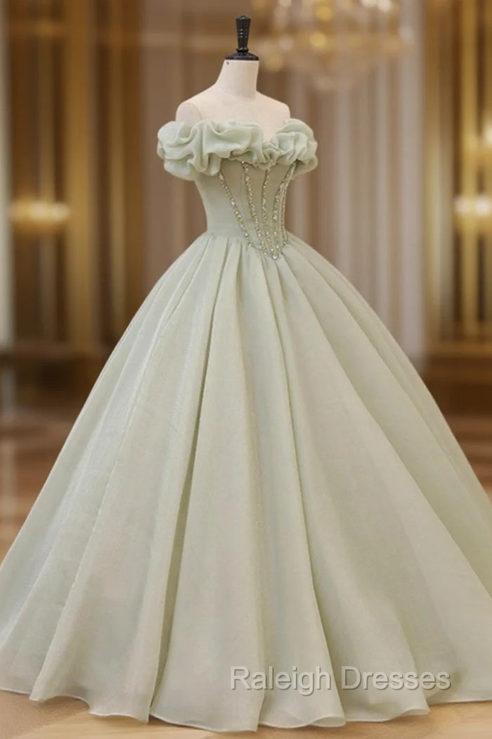 Green A Line Tulle Prom Dresses Long with Beaded Off the Shoulder Prom Dresses