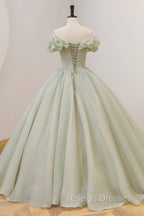 Green A Line Tulle Prom Dresses Long with Beaded Off the Shoulder Prom Dresses