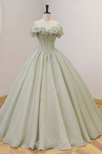 Green A Line Tulle Prom Dresses Long with Beaded Off the Shoulder Prom Dresses