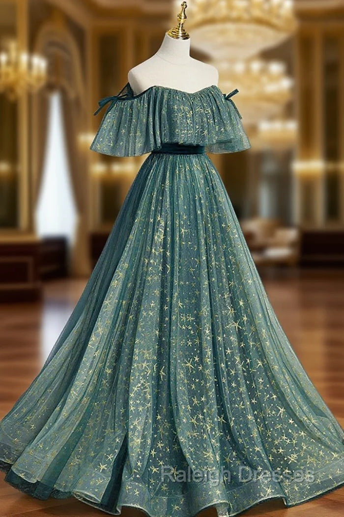 Green A line Tulle Long Prom Dresses, Green Graduation Dresses Main image