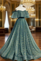 Green A line Tulle Long Prom Dresses, Green Graduation Dresses