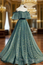 Green A Line Tulle Long Prom Dress Green Graduation Dress