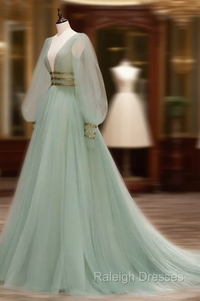 Green A-line Tulle New Prom Dress Long Sleeves Green Party Dress prom dresses shops Main image