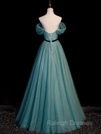 Green A Line Tulle Sequin Long Prom Dresses Green Tulle Graduation Dresses