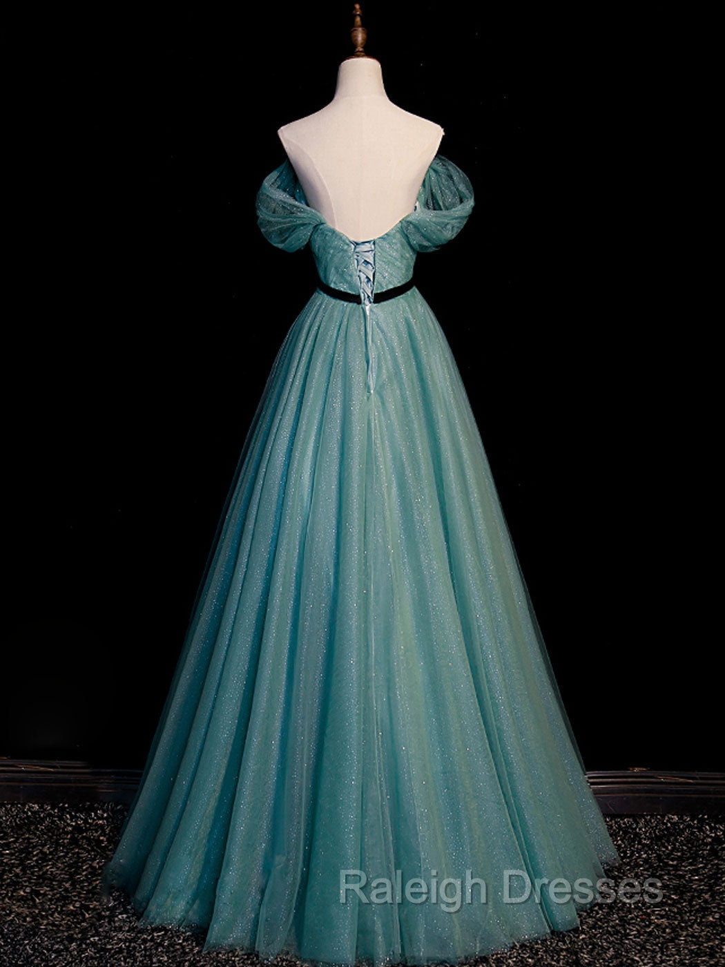 Green A Line Tulle Sequin Long Prom Dresses Green Tulle Graduation Dresses