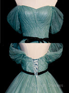 Green A line Tulle Sequin Long Prom Dress, Green Tulle Graduation Dress