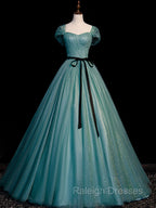 Green A Line Tulle Sequin Long Prom Dresses Green Tulle Graduation Dresses