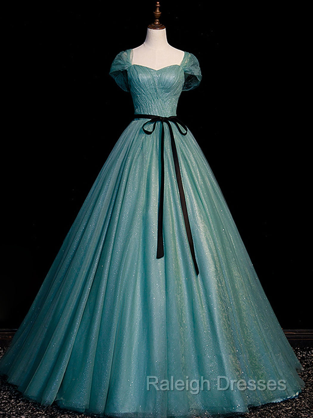 Green A Line Tulle Sequin Long Prom Dresses Green Tulle Graduation Dresses
