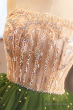 Green A-Line Tulle Sequins Knee Length Party Dress, Lovely Strapless Prom Evening Dress