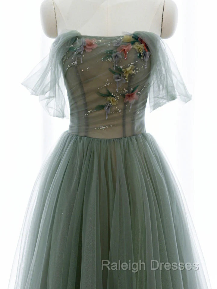 Green A-line Tulle with Lace Applique Long Formal Dress, Green Prom Dress Secondary image