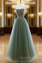 Green A-line Tulle with Lace Applique Long Formal Dress, Green Prom Dress