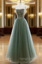Green A Line Tulle with Lace Applique Long Prom Dresses Green Prom Dresses