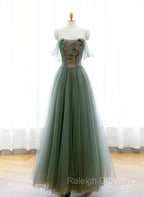 Green A-line Tulle with Lace Applique Long Formal Dress, Green Prom Dress