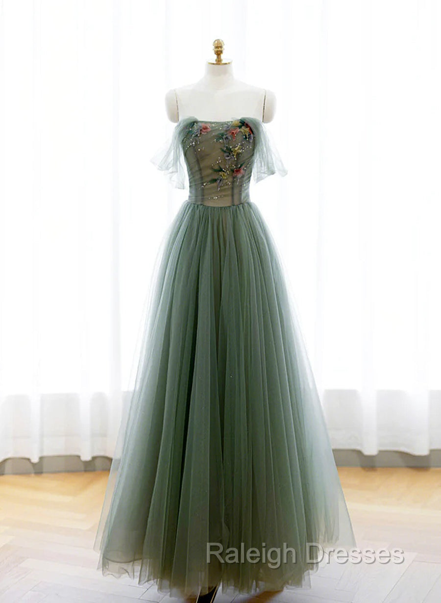 Green A-line Tulle with Lace Applique Long Formal Dress, Green Prom Dress