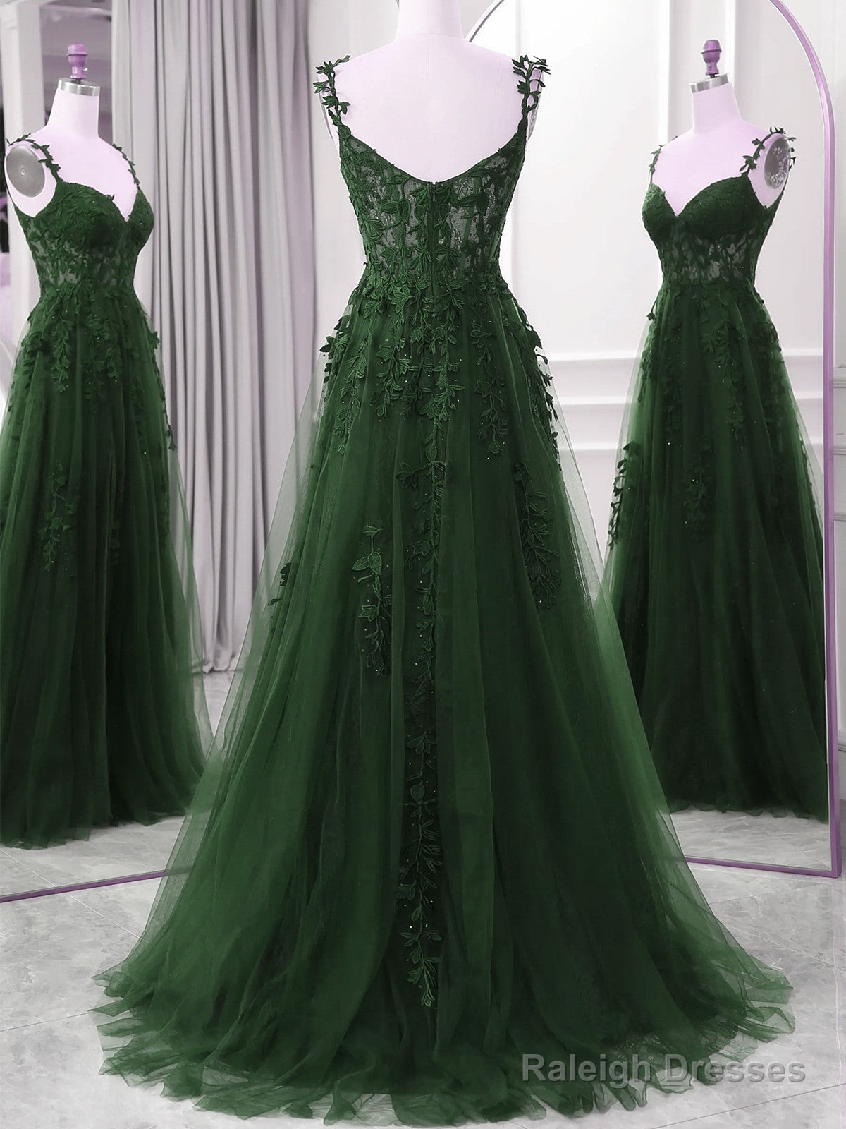 Green A-Line Tulle With Lace Straps Floor Length Party Dress, Green Tulle Prom Dress