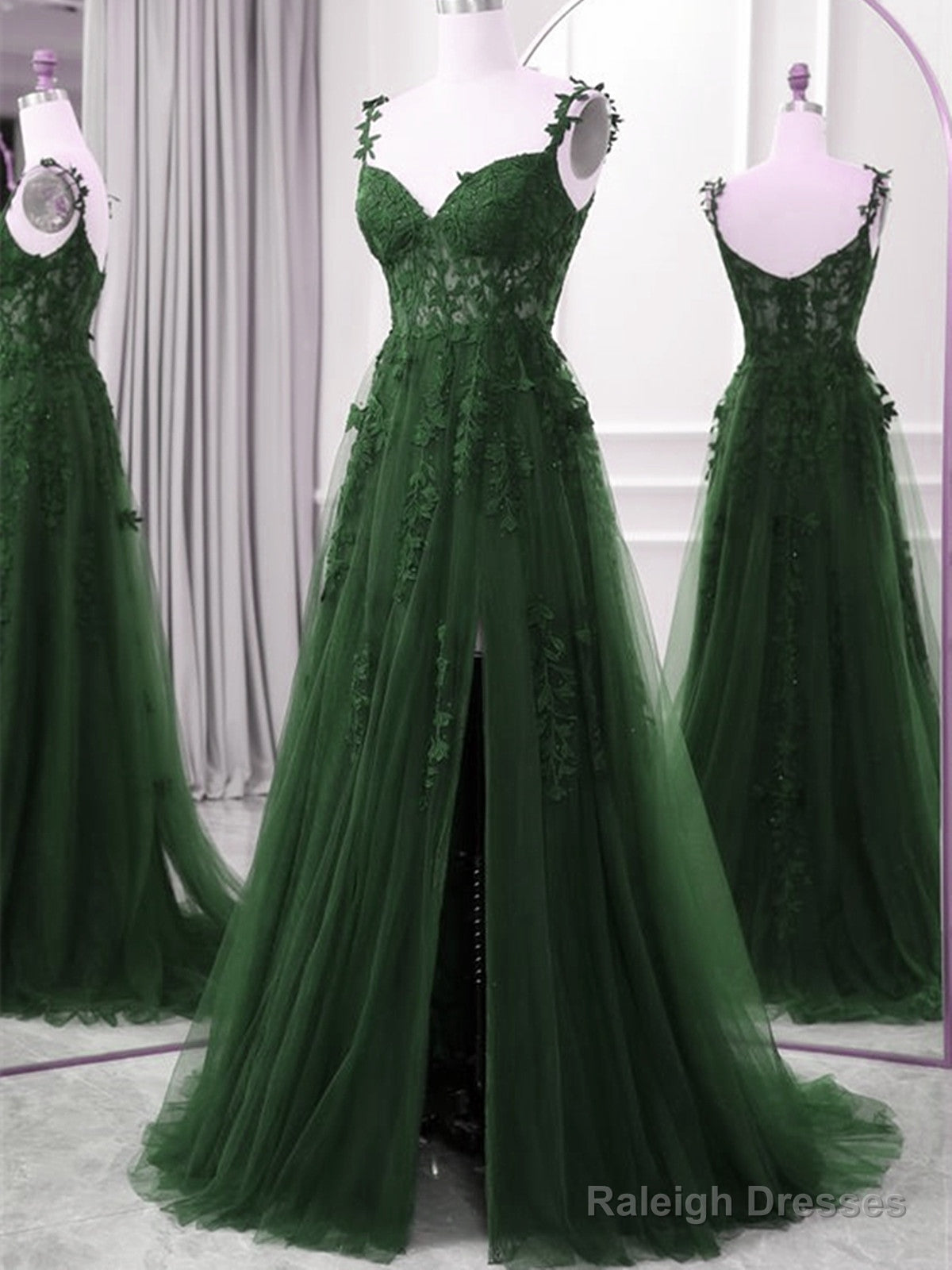 Green A-Line Tulle With Lace Straps Floor Length Prom Dresses Green Tulle Prom Dresses Main image