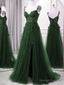 Green A-Line Tulle With Lace Straps Floor Length Prom Dresses Green Tulle Prom Dresses