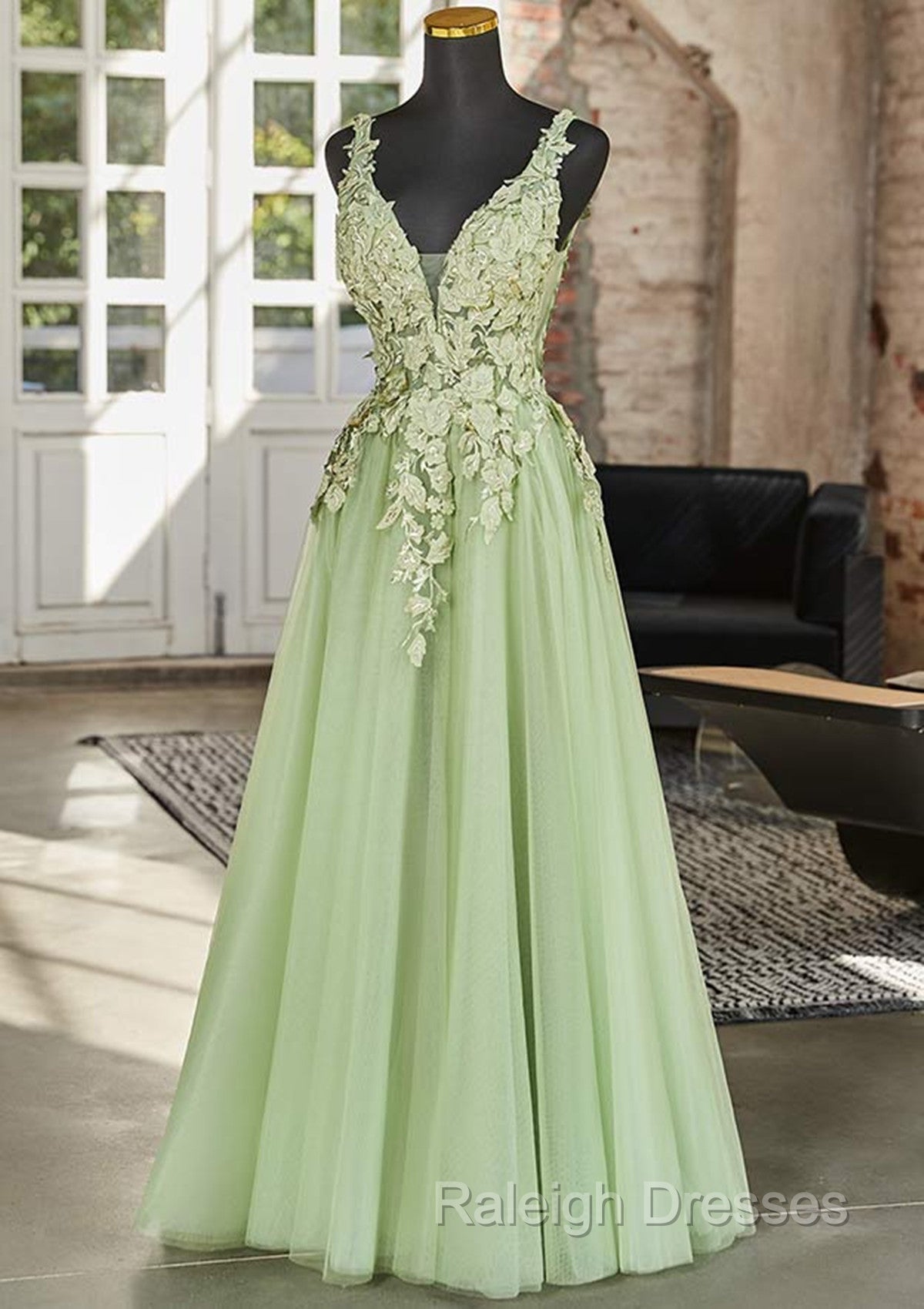 Green A-line V-neckline Tulle with Lace Long Party Dress, Green Tulle Prom Dress Secondary image