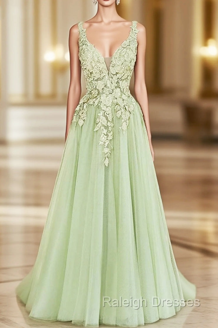 Green A-line V-neckline Tulle with Lace Long Party Dress, Green Tulle Prom Dress Main image