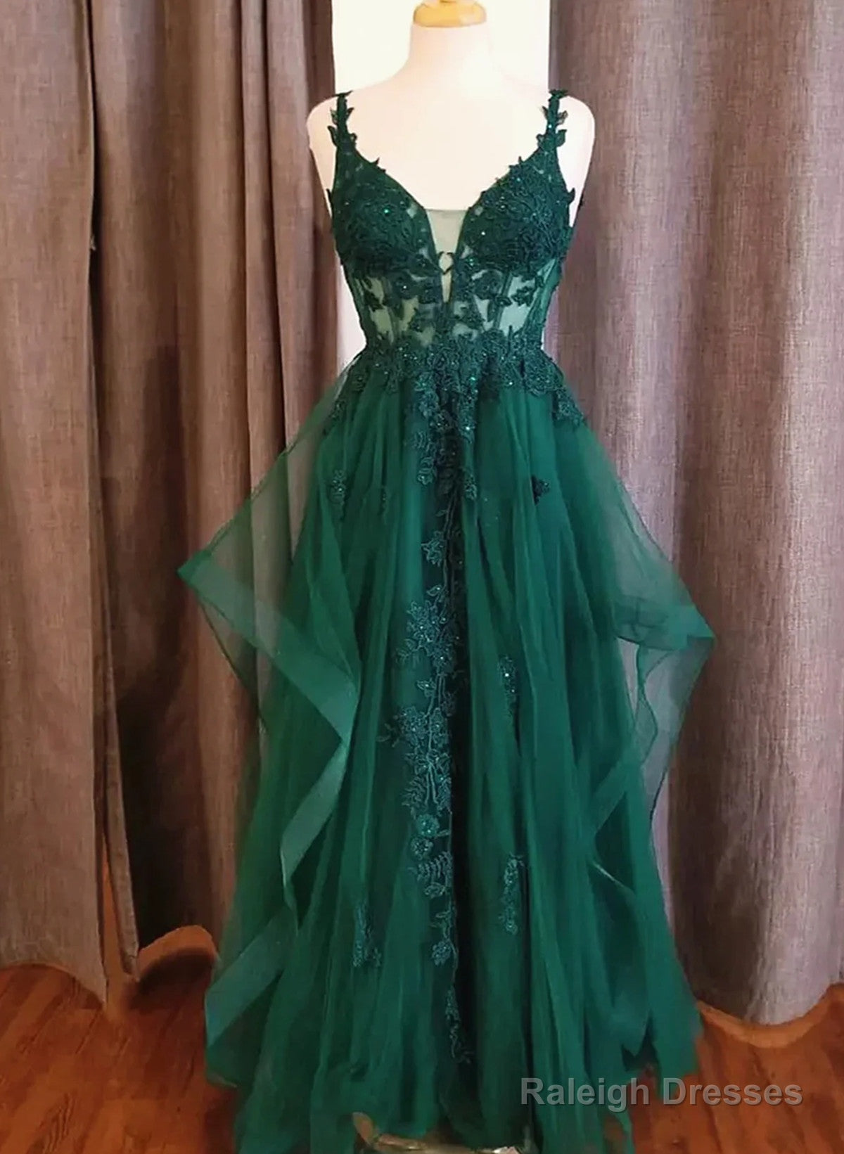 Green A-Line V-Neckline Tulle With Lace Prom Dress, Green Tulle Evening Dress Main image