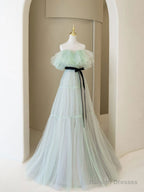 Green Aline Long Prom Dresses, Off Shoulder Formal Long Green Evening Graduation Dresses
