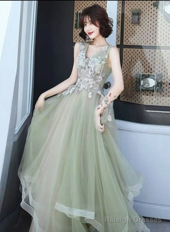 Green And Pink Tulle Long V-Neckline Long Evening Dress Party Dress, Sweet 16 Formal Dreses