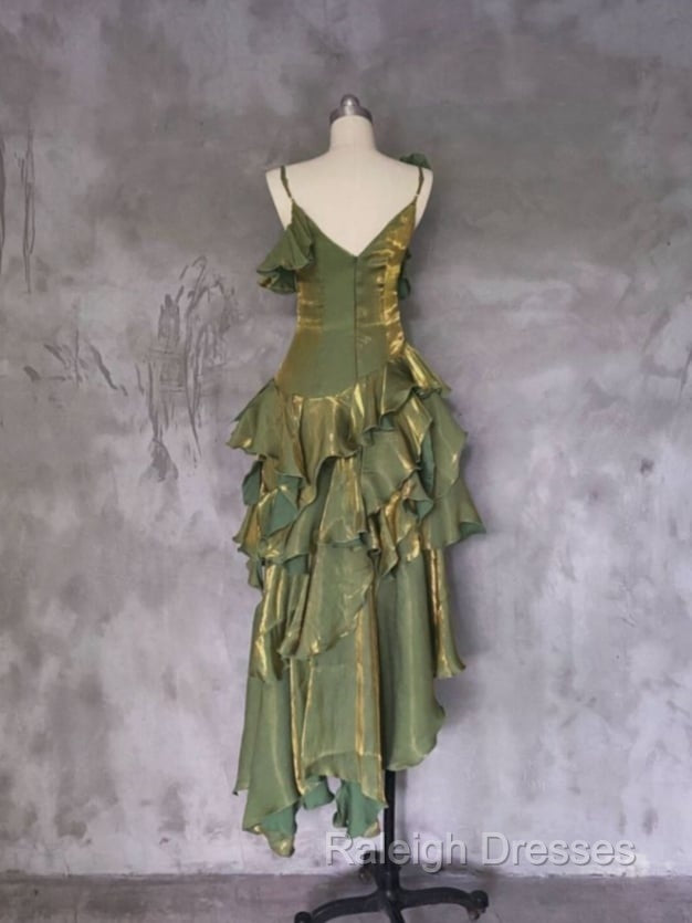 Green Asymmetrical Layered Flounce Spaghetti Strap Dress Evening Gown Secondary image